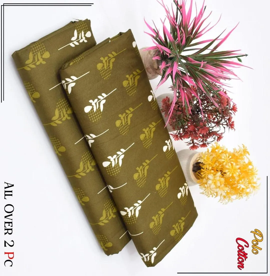 Green 2 Pcs Women’s Unstitched Polo Cotton Printed Suit – Casual & Festive Wear
