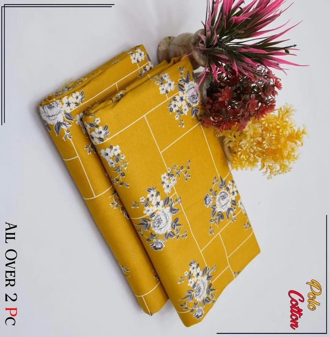 Mustard 2 Pcs Women’s Unstitched Polo Cotton Printed Suit – Casual & Festive Wear
