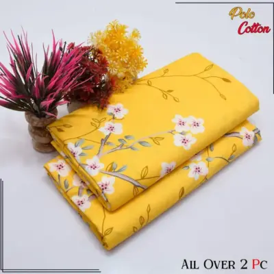 Women’s 2 Pcs Unstitched Printed Polo Cotton Suit – Yellow Shirt & Trouser Set (Summer Wear)