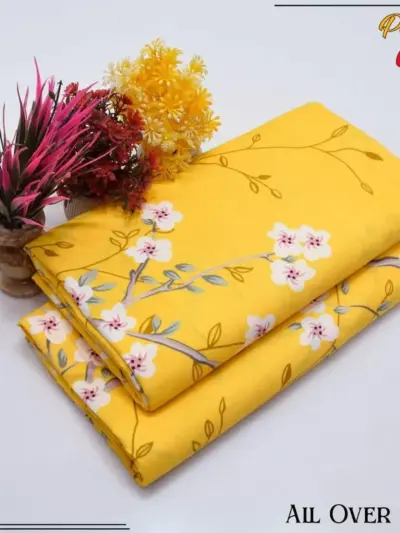 Women’s 2 Pcs Unstitched Printed Polo Cotton Suit – Yellow Shirt & Trouser Set (Summer Wear)
