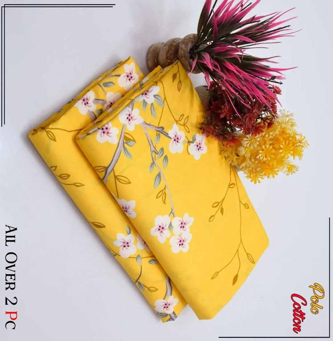 Women’s 2 Pcs Unstitched Printed Polo Cotton Suit – Yellow Shirt & Trouser Set (Summer Wear)