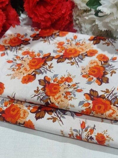 Women’s 2-Piece Unstitched Printed Cotton Suit – Orange | Shirt & Trouser | 1 Meter Each