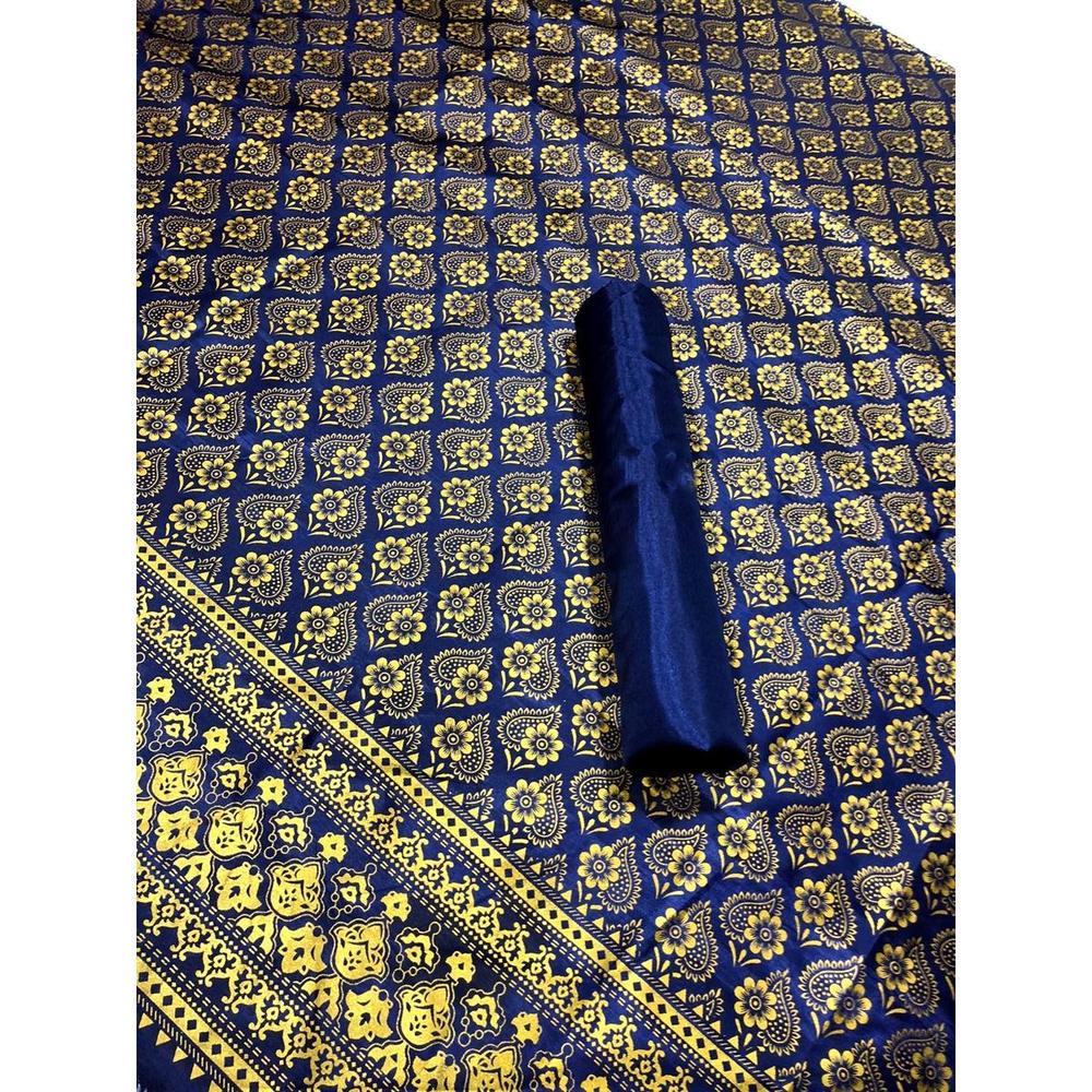 Women’s 2 Pcs Unstitched Katan Silk Printed Suit – Blue (Shirt 2 Yards & Trouser 1.5 Yards)