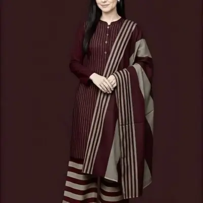 Women’s 3 Pcs Unstitched Printed Sussi Suit – Maroon (Shirt 3 Gazz, Trouser 2.5 Gazz, Dupatta 2.5 Gazz)