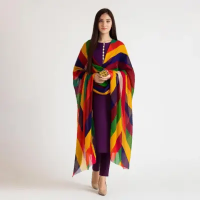 Women’s 3 Pcs Unstitched Plain Katan Silk Suit with Printed Organza Dupatta – Purple (1.5 Gazz Shirt & Trouser)