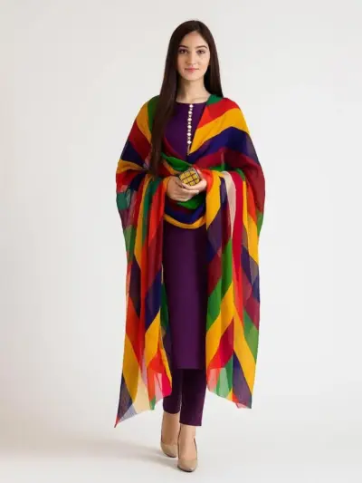 Women’s 3 Pcs Unstitched Plain Katan Silk Suit with Printed Organza Dupatta – Purple (1.5 Gazz Shirt & Trouser)