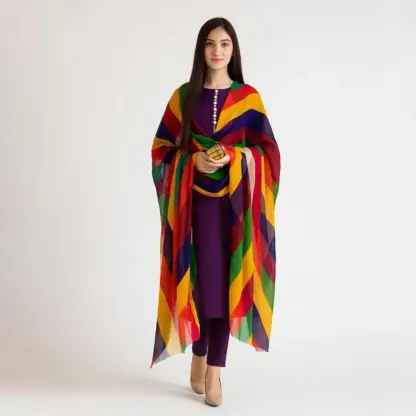 Women’s 3 Pcs Unstitched Plain Katan Silk Suit with Printed Organza Dupatta – Purple (1.5 Gazz Shirt & Trouser)