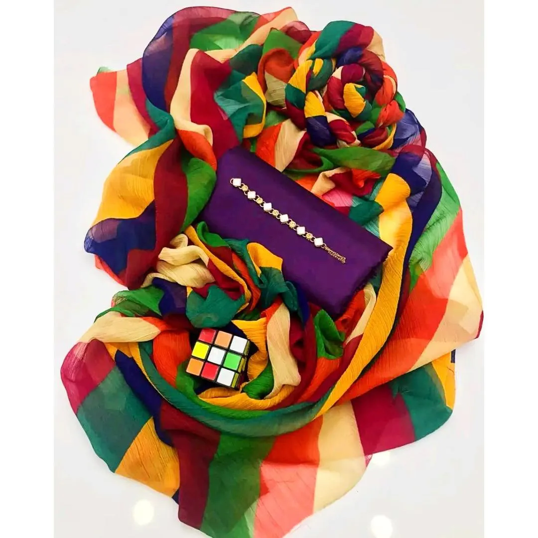 Women’s 3 Pcs Unstitched Plain Katan Silk Suit with Printed Organza Dupatta – Purple (1.5 Gazz Shirt & Trouser)