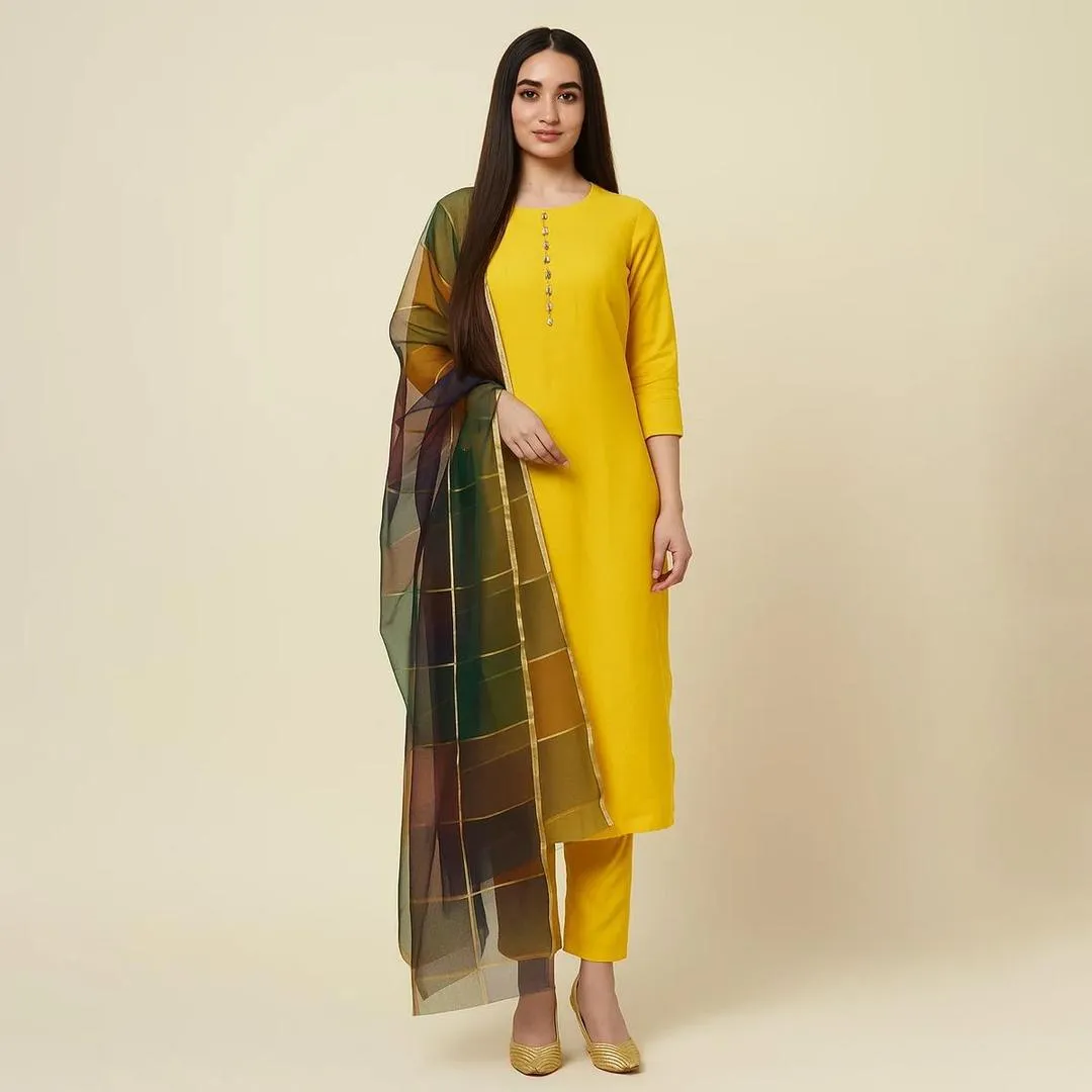 Women’s 3 Pcs Unstitched Plain Katan Silk Suit with Printed Organza Dupatta – Yellow (1.5 Gazz Shirt & Trouser, 2.5 Gazz Dupatta)