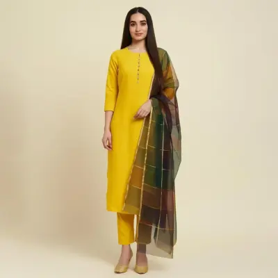Women’s 3 Pcs Unstitched Plain Katan Silk Suit with Printed Organza Dupatta – Yellow (1.5 Gazz Shirt & Trouser, 2.5 Gazz Dupatta)