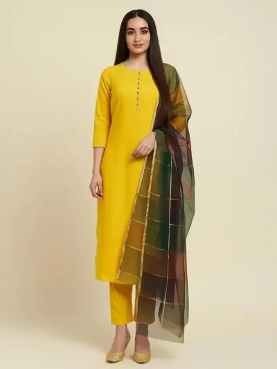 Women’s 3 Pcs Unstitched Plain Katan Silk Suit with Printed Organza Dupatta – Yellow (1.5 Gazz Shirt & Trouser, 2.5 Gazz Dupatta)
