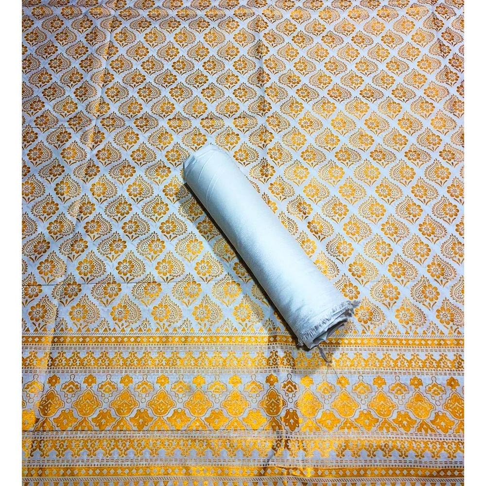 Women’s 2 Pcs Unstitched Katan Silk Printed Suit – White (Shirt 2 Yards & Trouser 1.5 Yards)