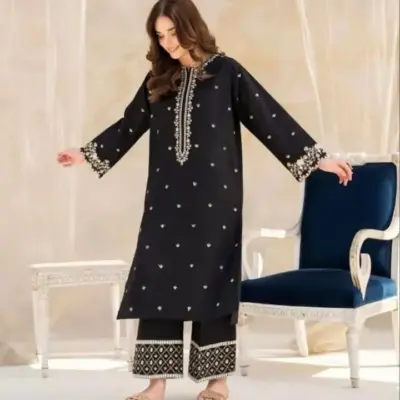 Women’s 2-Piece Unstitched Black Embroidered Cotton Lawn Suit – Shirt & Trouser (2.5 Gazz Each)