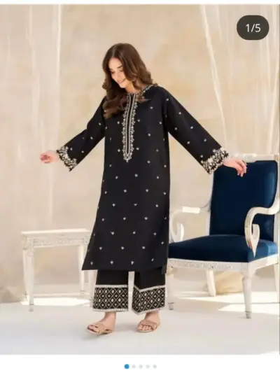 Women’s 2-Piece Unstitched Black Embroidered Cotton Lawn Suit – Shirt & Trouser (2.5 Gazz Each)
