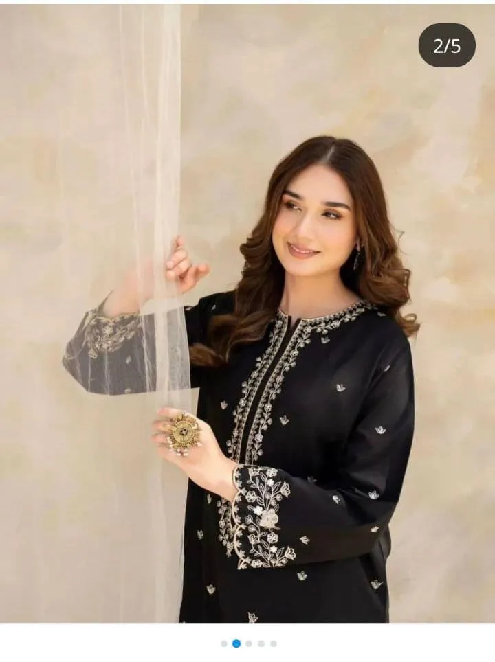 Women’s 2-Piece Unstitched Black Embroidered Cotton Lawn Suit – Shirt & Trouser (2.5 Gazz Each)