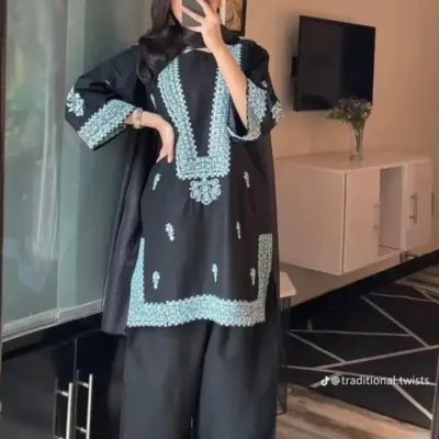 Women’s 2-Piece Unstitched Black Embroidered Cotton Lawn Suit – Shirt & Trouser (2.5 Gazz Each)