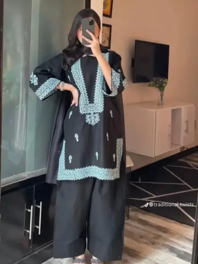 Women’s 2-Piece Unstitched Black Embroidered Cotton Lawn Suit – Shirt & Trouser (2.5 Gazz Each)