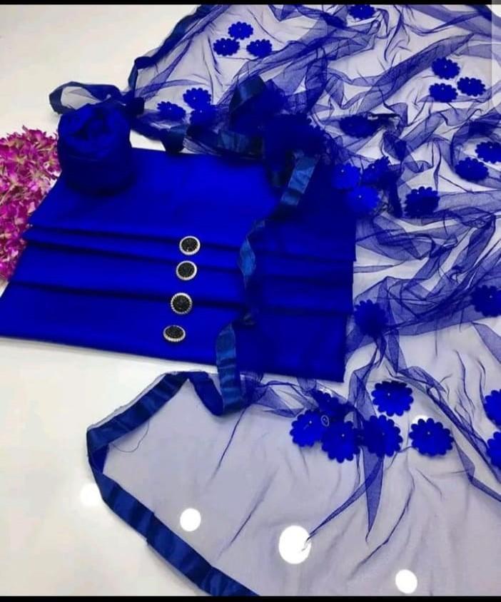 3 Pcs Women’s Unstitched Katan Silk Plain Suit with Net Dupatta – Blue