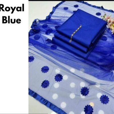 3 Pcs Women’s Unstitched Katan Silk Plain Suit with Net Dupatta – Blue