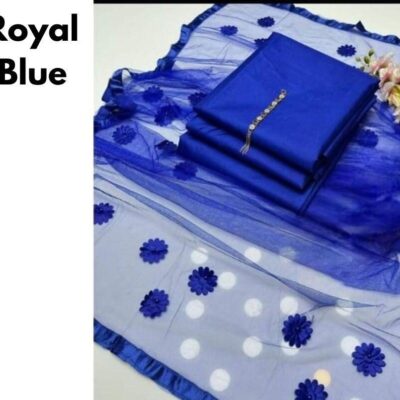 3 Pcs Women’s Unstitched Katan Silk Plain Suit with Net Dupatta – Blue
