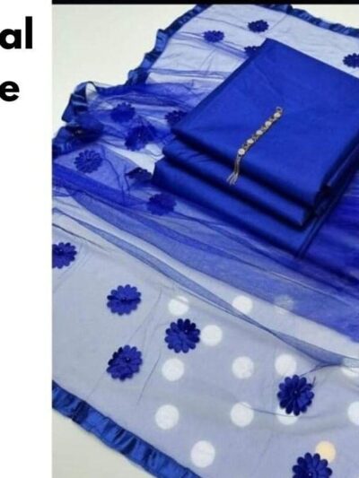 3 Pcs Women’s Unstitched Katan Silk Plain Suit with Net Dupatta – Blue