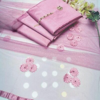 Elegant Pink 3 Pcs Women’s Unstitched Katan Silk Suit with Net Dupatta – Plain Design