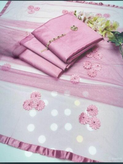 Elegant Pink 3 Pcs Women’s Unstitched Katan Silk Suit with Net Dupatta – Plain Design