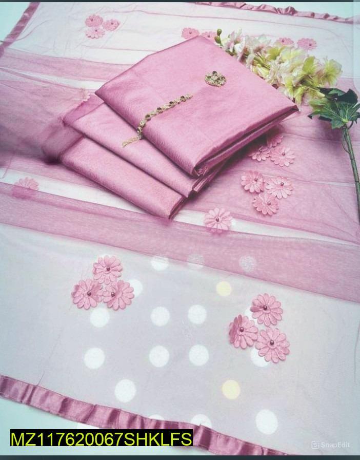 Elegant Pink 3 Pcs Women’s Unstitched Katan Silk Suit with Net Dupatta – Plain Design