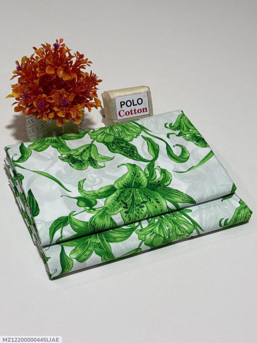 Women’s 2 Pcs Unstitched Printed Polo Cotton Suit – Summer Collection 2025, White, 5 Gazz Fabric (Shirt & Trouser)