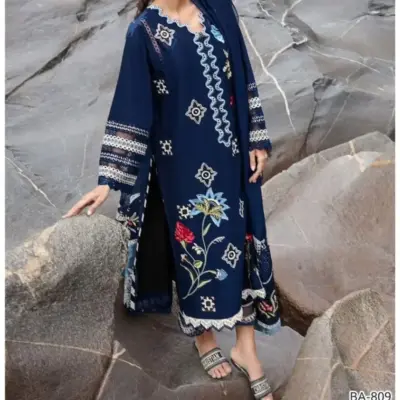 Winter Collection Blue 3 Pcs Women’s Unstitched Embroidered Dhanak Suit – Shirt, Trouser & Dupatta