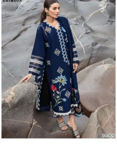 Winter Collection Blue 3 Pcs Women’s Unstitched Embroidered Dhanak Suit – Shirt, Trouser & Dupatta