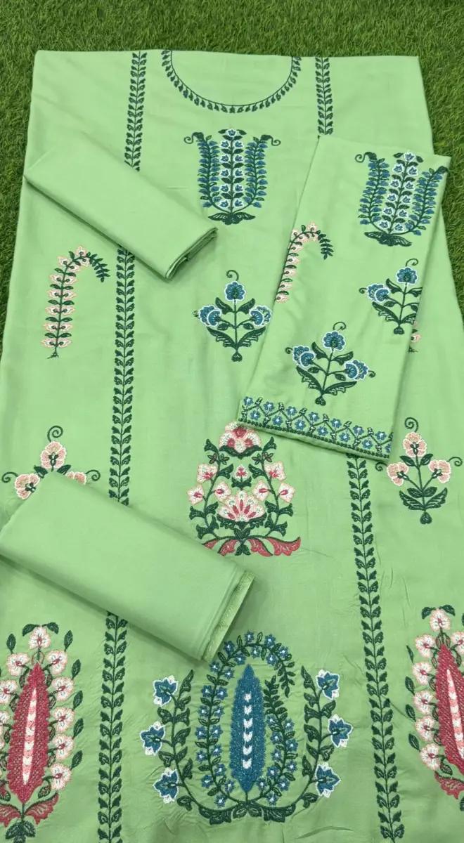 Women’s 2 Pcs Unstitched Embroidered Dhanak Suit – Green (Shirt & Trouser 2.5 Meters Each)