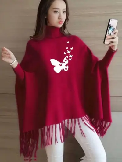 Women’s Printed Fleece Poncho Cape Shawl – Warm Winter Wrap, Chest 35” Length 30” (Pink / Maroon)