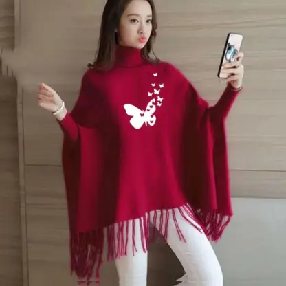 Women’s Printed Fleece Poncho Cape Shawl – Warm Winter Wrap, Chest 35” Length 30” (Pink / Maroon)