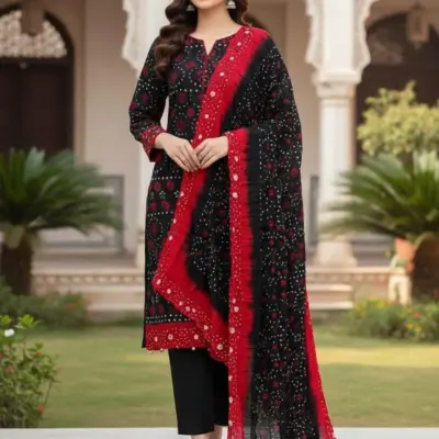 Women’s 3 Pcs Unstitched Black Arabic Lawn Printed Suit – Shirt, Trouser & Dupatta (2.5m Cutting)