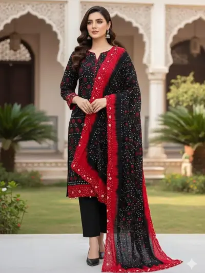 Women’s 3 Pcs Unstitched Black Arabic Lawn Printed Suit – Shirt, Trouser & Dupatta (2.5m Cutting)