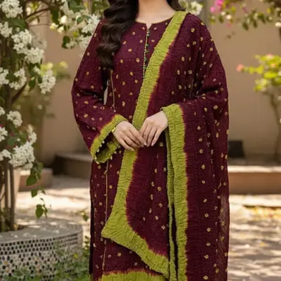 Women’s 3 Pcs Unstitched Maroon Arabic Lawn Printed Suit – Shirt, Trouser & Dupatta (2.5m Cutting)