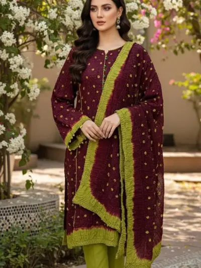 Women’s 3 Pcs Unstitched Maroon Arabic Lawn Printed Suit – Shirt, Trouser & Dupatta (2.5m Cutting)