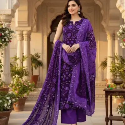 3 Pcs Women’s Unstitched Printed Arabic Lawn Suit – Purple, Elegant & Comfortable