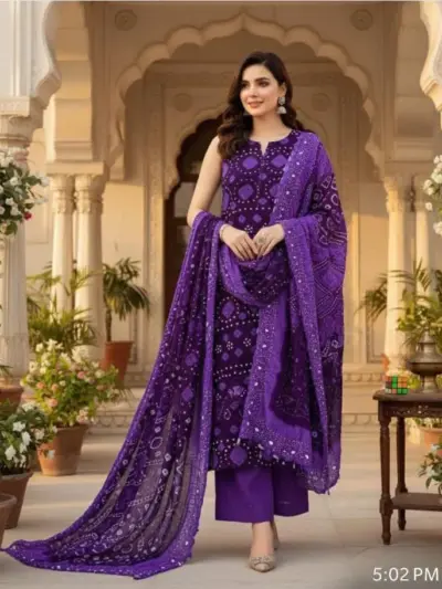 3 Pcs Women’s Unstitched Printed Arabic Lawn Suit – Purple, Elegant & Comfortable