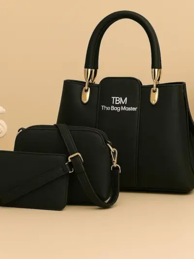 Women’s Rexine Plain Handbag Set (3-Piece TBM Set) – Top Handle Fashion Bags, 10×8 Inches