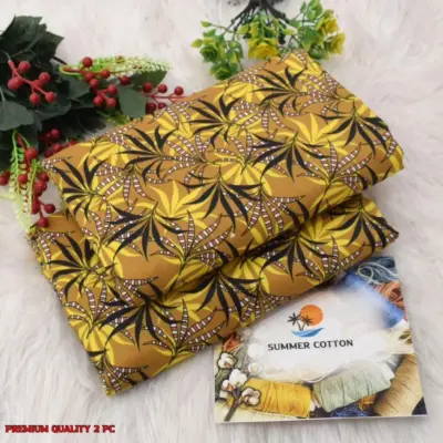 2 Pcs Women’s Unstitched Digital Printed Suit – Micro Polo Cotton Shirt & Trouser (Yellow, 2.5 Gazz Each)