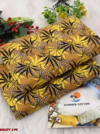 2 Pcs Women’s Unstitched Digital Printed Suit – Micro Polo Cotton Shirt & Trouser (Yellow, 2.5 Gazz Each)