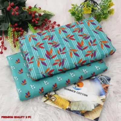 Women’s Turquoise 2-Piece Unstitched Digital Printed Micro Polo Cotton Suit – Shirt & Trouser (2.5 Gazz Each)