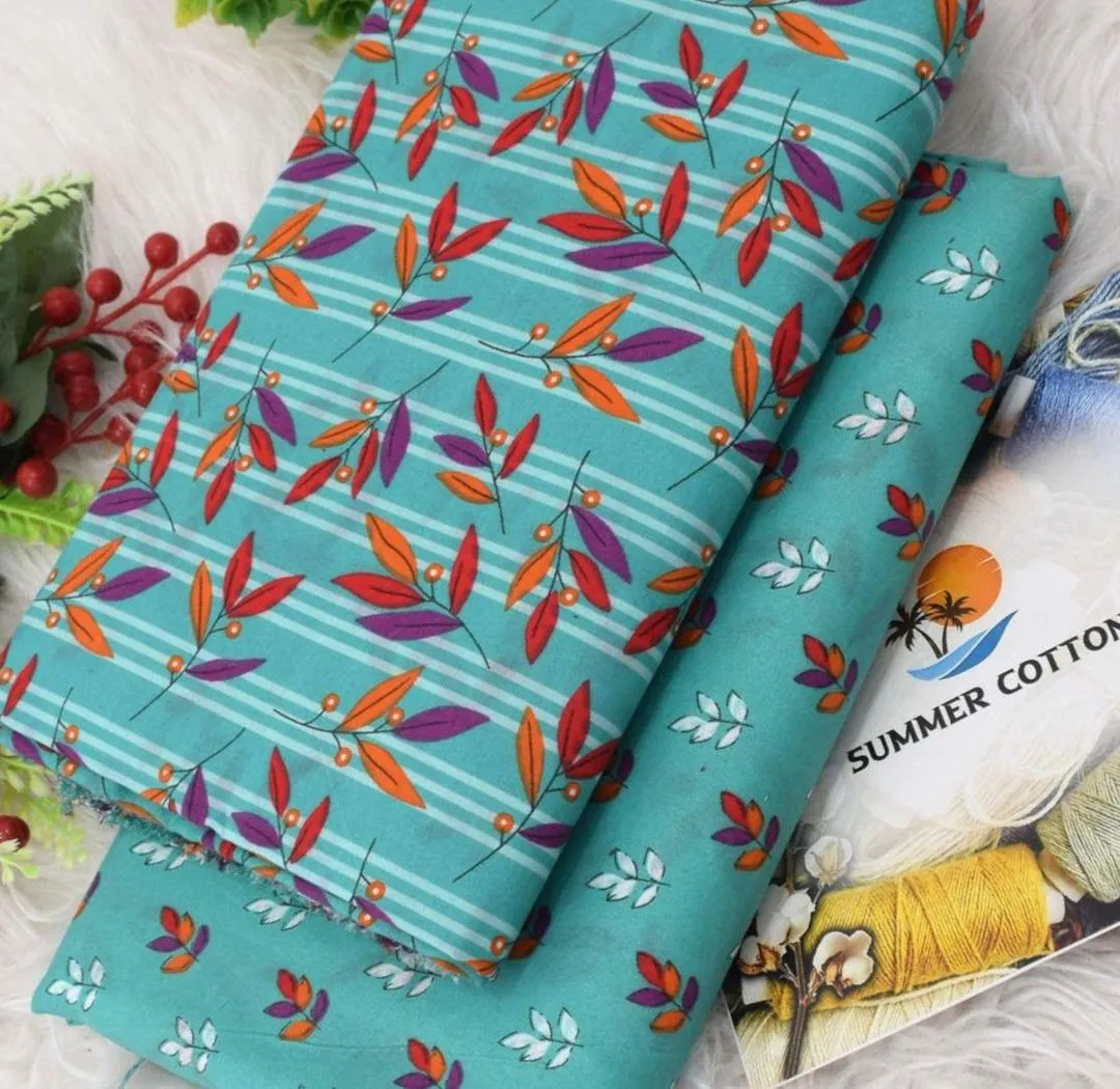 Women’s Turquoise 2-Piece Unstitched Digital Printed Micro Polo Cotton Suit – Shirt & Trouser (2.5 Gazz Each)