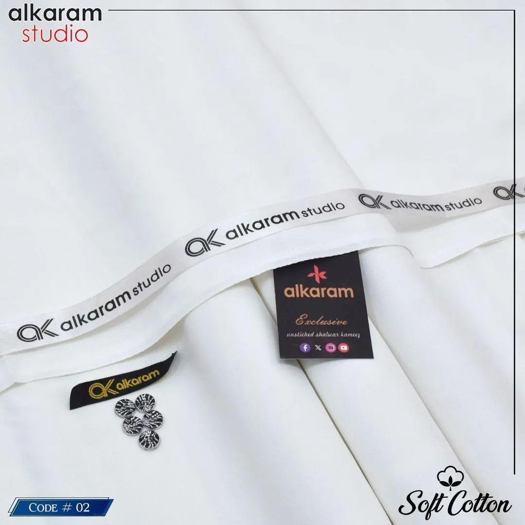 Alkaram Men’s Unstitched Soft Cotton Plain Suit – Off White, 4.5 Meter