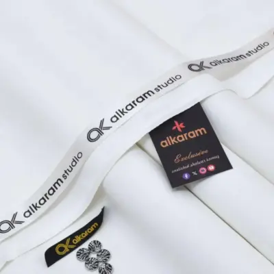 Alkaram Men’s Unstitched Soft Cotton Plain Suit – Off White, 4.5 Meter