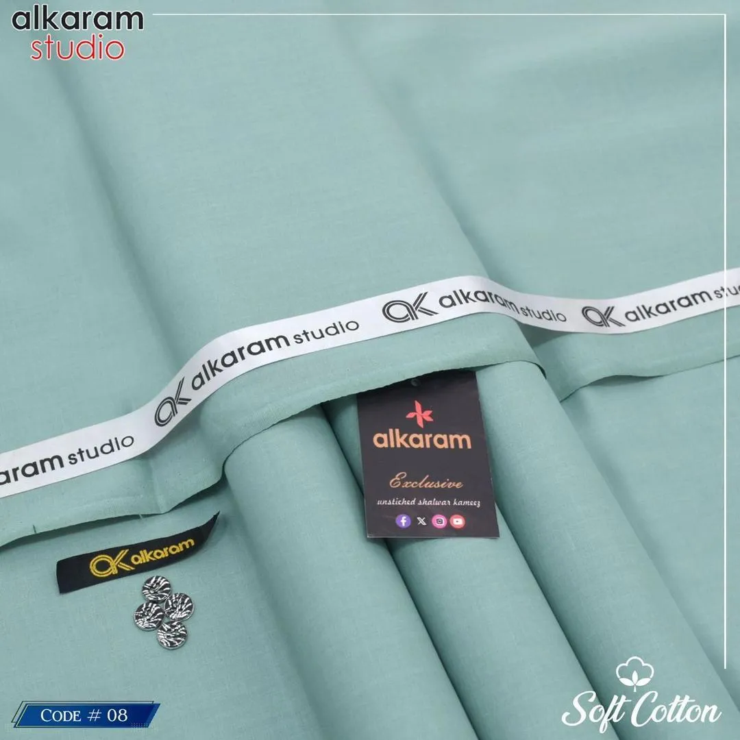 Alkaram Men’s Unstitched Soft Cotton Plain Suit – Turquoise, 4.5 Meter