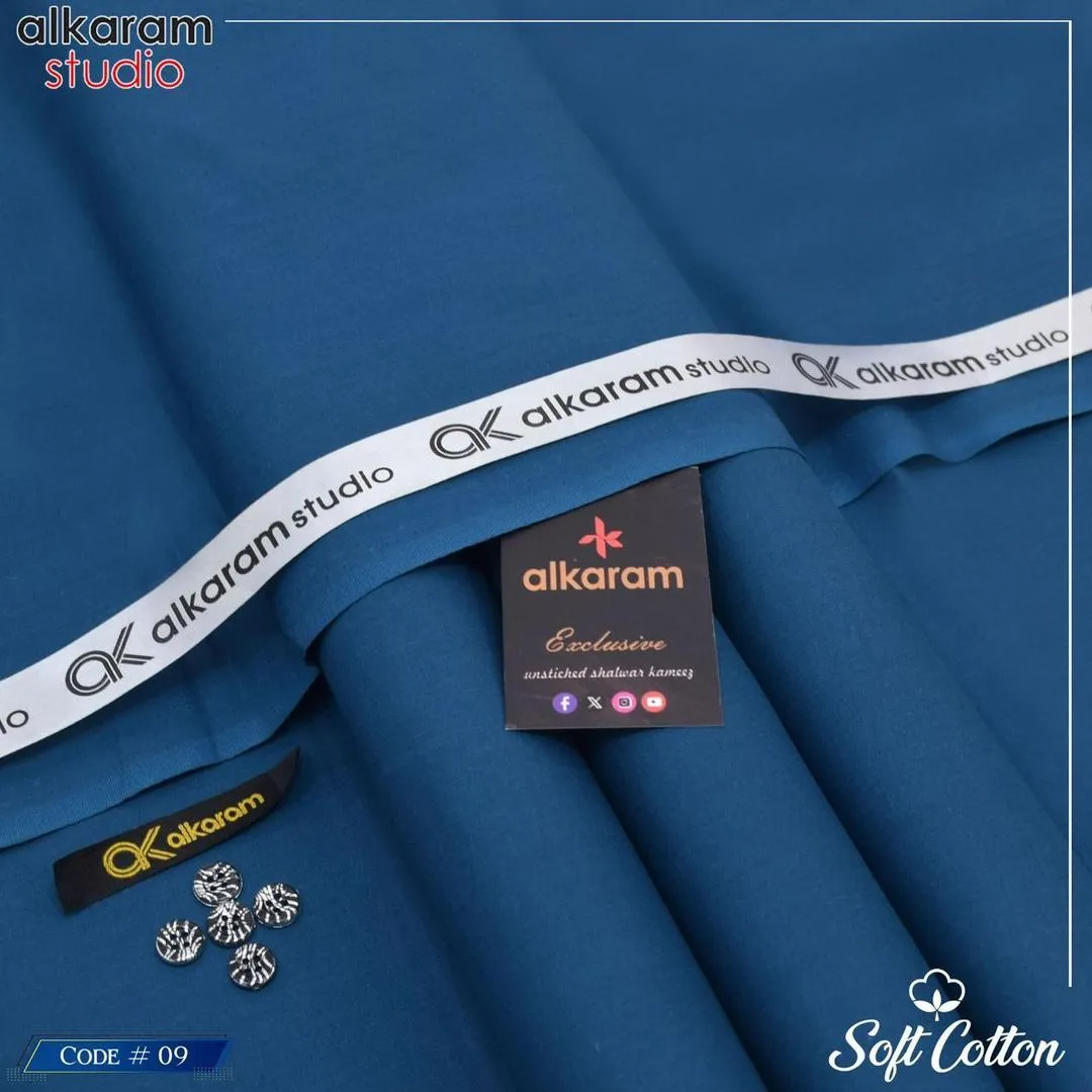 Alkaram Men’s Unstitched Soft Cotton Plain Suit – Summer Fabric, Blue, 4.5 Meter