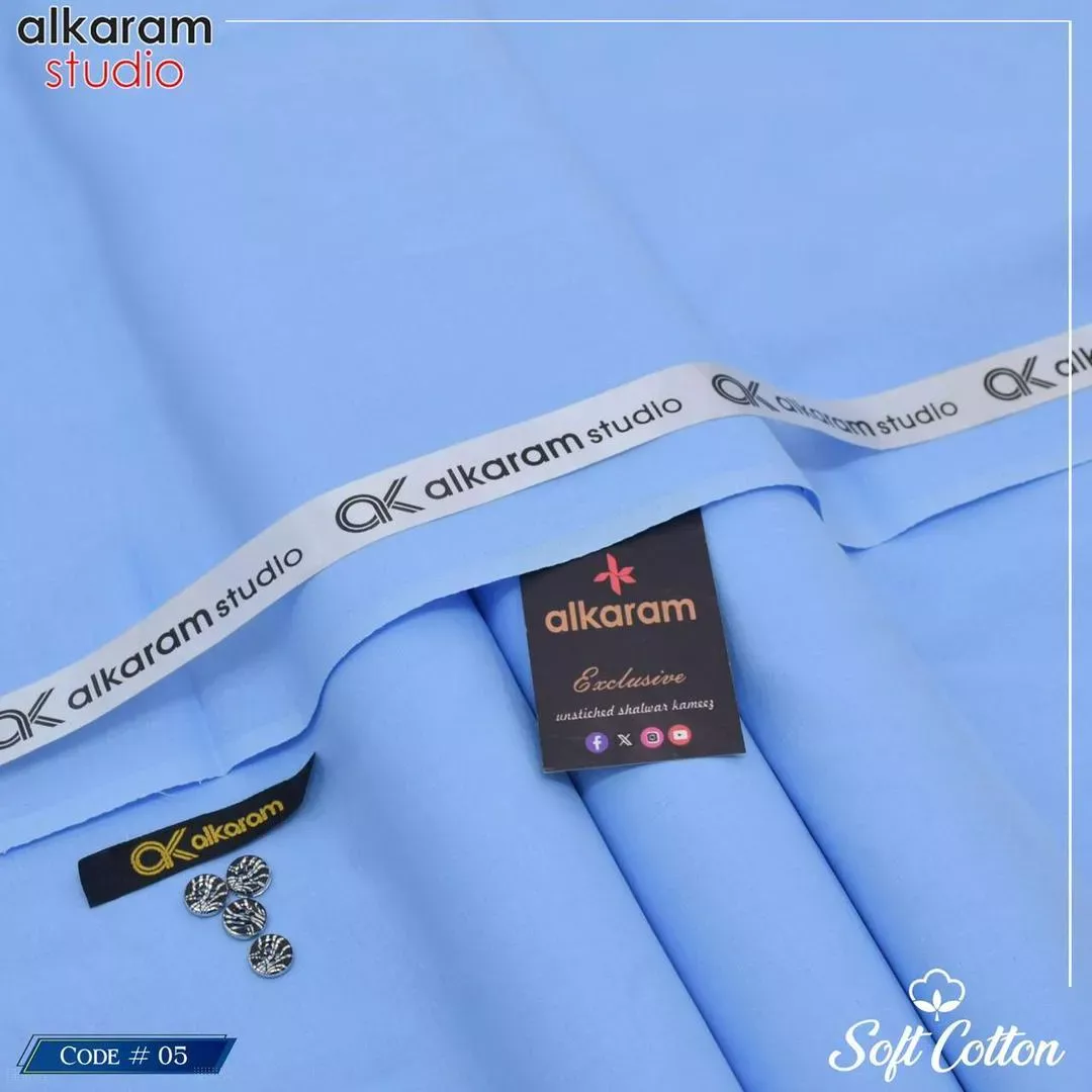 Alkaram Men’s Unstitched Soft Cotton Plain Suit – Summer Fabric, Blue (4.5 Meter)